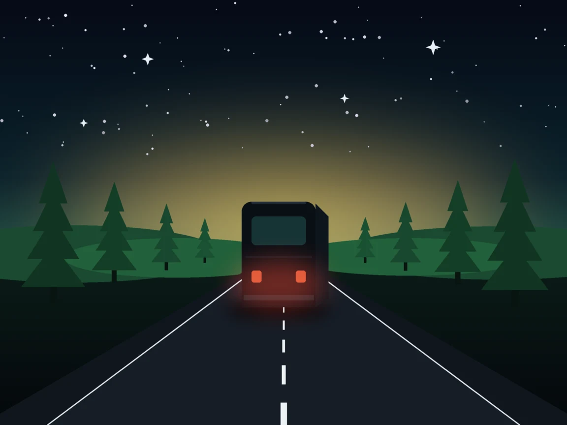 Illustration of a motorcoach on an open road at night, pines and stars ahead